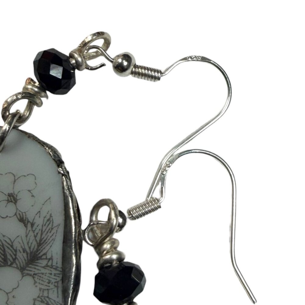 Florentine Sango Broken China Earrings - Vintage Floral Sterling Silver Dangles - Picture 9 of 14